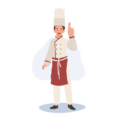 Full Length Smiling Male Chef Character Giving Thumb Up. chef Giving Approval Gesture. Flat vector cartoon illustration