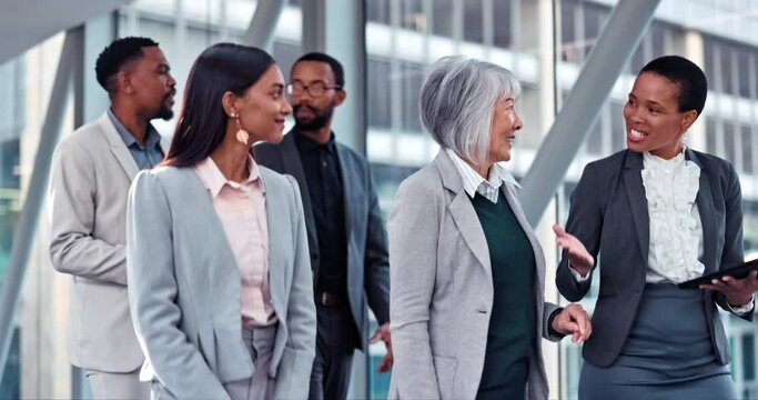 Walking, talking and business people or group for ideas, planning and corporate project in office. Diversity, collaboration and friends or professional men and women with tech for discussion or chat