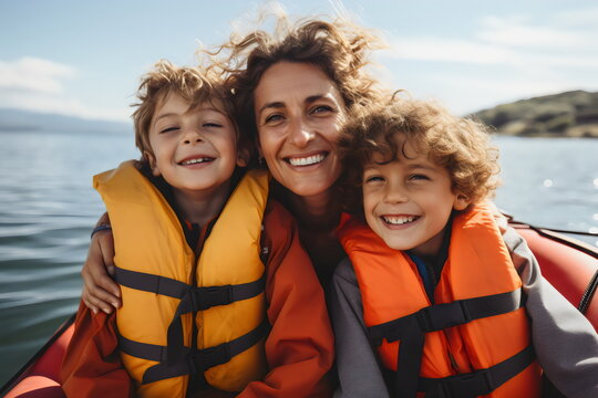 Happy mother and sons on boat wearing orange and yellow life jackets	