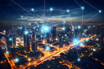 Fototapeta na wymiar 5G. global media link connecting on night city background, digital, internet, communication, networking, smart city, business, partnership, network connection and technology concept, Generative AI