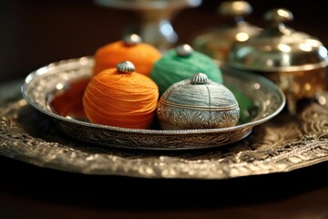 Traditional Indian Tin Container with Decorative Cloth and Yarn Balls Display