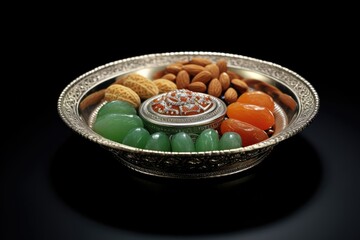 Fototapeta na wymiar Abraaj undressed dried fruits in a silver bowl