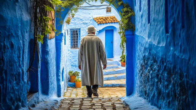 Enchanting view of Chefchaouen, with craftsman in cobalt-blue djellaba walking down the cobbled street amidst striking blue structures, embodying Moroccan charm. Generative AI