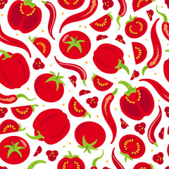 Red vegetables. Tomatoes and paprika, chili peppers. Spicy, sexy pattern. Healthy lifestyle, proper nutrition, harvesting, veganism. Bright seamless pattern. Cafe, menu, tablecloth, wallpaper, fabricd