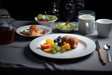 A table filled with a variety of foods, including fruits, pastries, and a milkshake. Created By Generated AI.