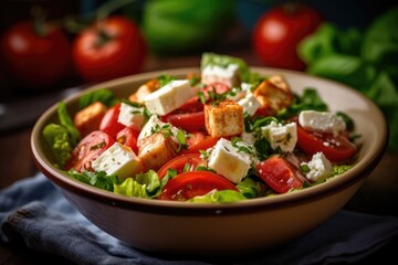 Fresh Tomato and Cheese Salad in a Brown Bowl Created By Generated AI.
