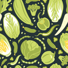 Green vegetables. Peking and white cabbage, cucumbers and beans, bell peppers and jalapenos, broccoli and zucchini. seamless pattern, Healthy lifestyle, proper nutrition, harvesting. Dark background.