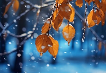 First snow on yellow leaves, generative ai