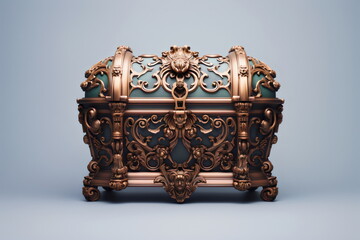 ornate green and gold filigree treasure chest closed and locked isolated on plain gray studio background