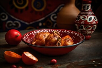 A delicious meal with juicy tomatoes and appetising chicken in a colorful bowl. Created By Generated AI.