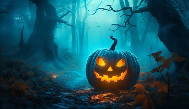 Halloween background with pumpkin lantern in spooky forest, generative ai
