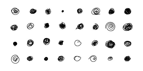 Set of hand drawn doodle circles in a grunge style. Scribble doodle circle and point. Collection black shapes dots and drops. Vector illustration for bullet journal. Isolated white background.