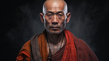 Traditional Buddhist Monk Older Man. Black Background. Serious Look Centered Portrait. Concept of Religion, Robes, and Praying.