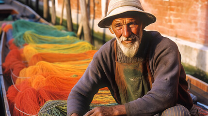 Captivating scene of a fisherman in rustic attire, amidst the vibrantly colored nets and rainbow-hued houses of Burano, Italy. Generative AI