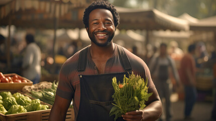 African American Man Selling His Produce at the Farmers Market.  Holding Lettuce. Concept of Vendor, Trader, Fruits, Vegetables, and Happiness.