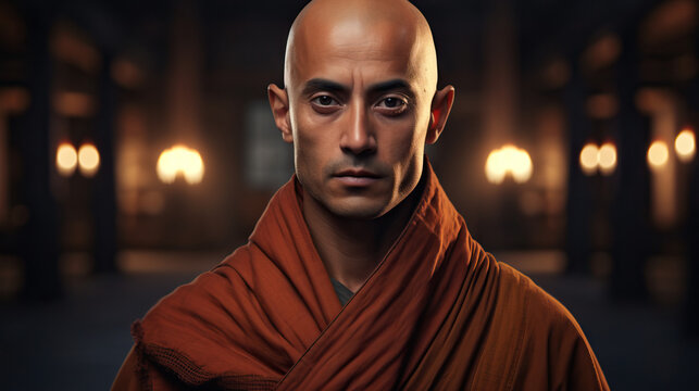 Traditional Buddhist Monk Older Man. Standing In Temple Monastery.. Serious Look Centered Portrait. Concept Of Religion, Robes, And Praying.