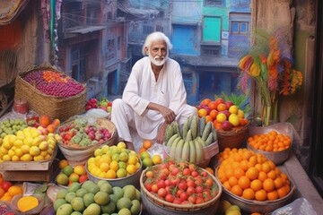 A Man Sitting Amongst Baskets of Fresh Fruit