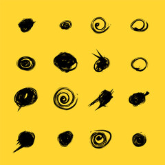 Set of hand drawn doodle circles in a grunge style. Yellow background. Scribble doodle circle and point. Collection black shapes dots and drops. Vector illustration for bullet journal.