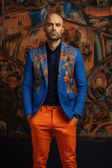 Fototapeta na wymiar Stylish man in a blue coat and orange pants Fictional Character Created By Generative AI
