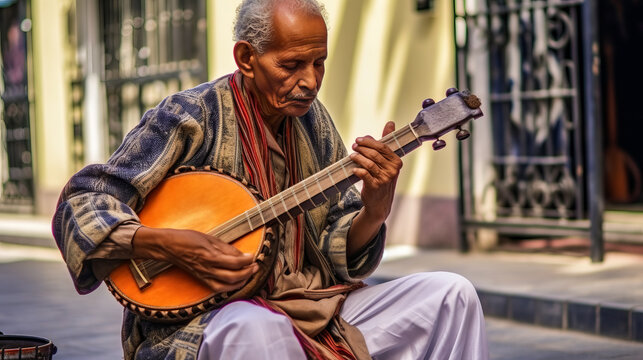 Enthralling depiction of a man engrossed in playing traditional Moroccan music amidst the vibrant city life of Casablanca, capturing culture and authenticity. Generative AI