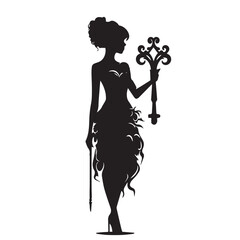 A cute Girl standing with a key for unlocking your mind silhouette vector illustration