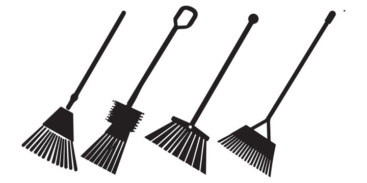 Different types of broom designs for house sweeping silhouette vector