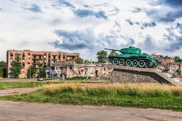 Trostyanets, Sumy Oblast, Ukraine - June 18, 2023: Monument to the tank against the background of...