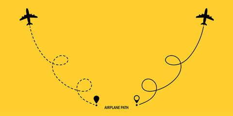 Two airplane route plane path. Travel concept. Aircraft tracking. Vector illustration on a isolated yellow background.