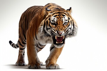 Aggressive, baring fangs, tiger isolated on a white background - obrazy, fototapety, plakaty