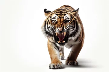 Fototapete Rund Aggressive, baring fangs, tiger isolated on a white background © Fotograf