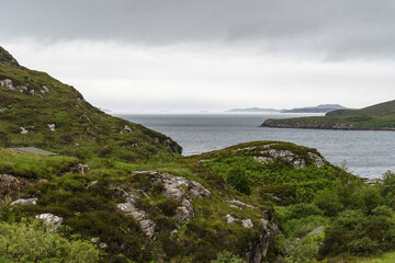 Scottish landscape on the way from Ullapool to lochinver during a rainy day, Scotland