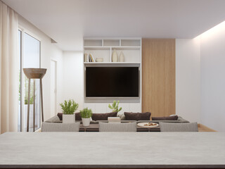 Table on wooden floor of bright dining room near large living room and sofa against TV in modern house or luxury villa. Home interior 3d rendering with white wall.