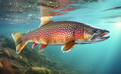 Fototapeta premium Fish swims underwater, close-up, clear river or lake water with fish, perfect fishing spot, generative ai