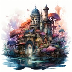 Magical Underwater Wizard s Tower Watercolor Clipart
