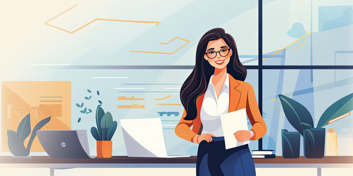 Portrait of a smiling young businesswoman posing in the office with her work partners in the background. Generative AI