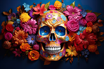 Catrina skull in flowers for Mexican Day of Dead, Muertos. Generative AI