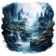 Moonlit Lake with Cascading Waterfall Watercolor Clipart