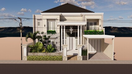 3D render of a white modern house at the road with lush green trees in the yard