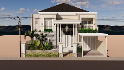 Obraz premium 3D render of a white modern house at the road with lush green trees in the yard