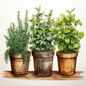 Herb Pots with Basil, Rosemary, and Thyme Watercolor Clipart