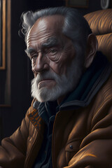 Sitting sad old man facing the camera