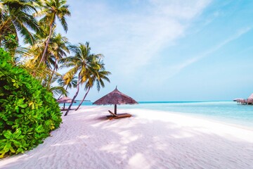 Tranquil beach scene with a pristine shoreline with an umbrella in front of tranquil blue ocean