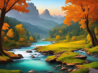 Natural landscape trees rivers mountains and sky Created with Generative AI technology.