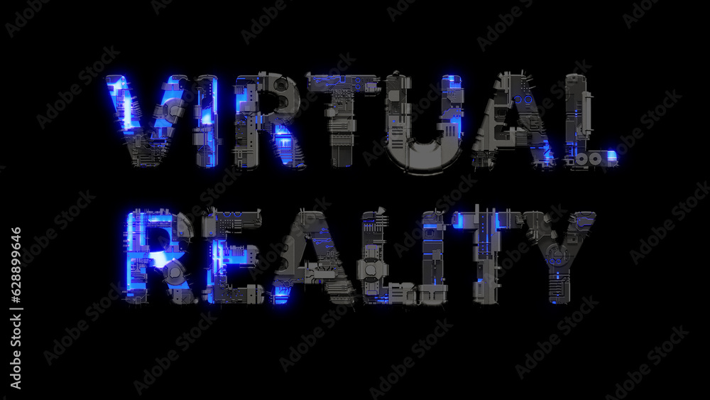 Poster modern cybernetic text virtual reality shining blue electric light, isolated - object 3d rendering