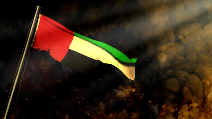 bokeh United Arab Emirates flag on smoke with sun beams backdrop - crysis concept - abstract 3D rendering