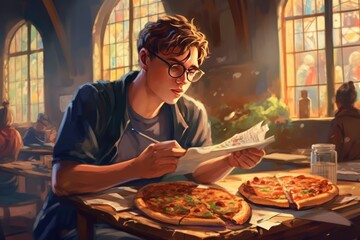 Fototapeta na wymiar A Young Man Reading a Paper at a Dining Table with a Few Pizzas Fictional Character Created By Generative AI.