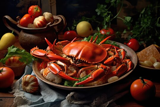 Fresh seafood platter with crab legs, tomatoes, and various vegetables