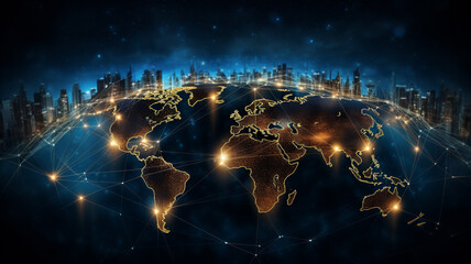 Global network connection concept. Big data visualization. Social network communication in the global computer networks. Internet technology. Business. Science. Generative AI.