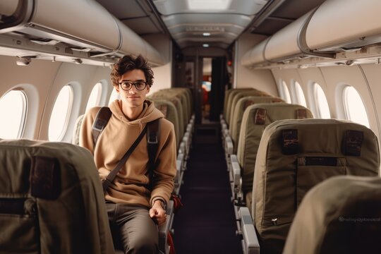 A Man Sitting Inside an Airplane Seat Fictional Character Created By Generative AI.