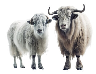 Two majestic longhorn sheep standing side by side in their natural habitat. Isolated background. Transparent PNG. Generative AI